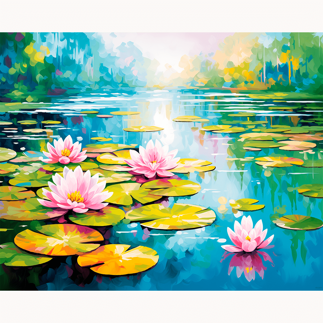 A vibrant canvas print showcases a serene landscape where lotus flowers bloom on a tranquil pond, framed by a backdrop of verdant trees and bushes under a clear sky..
