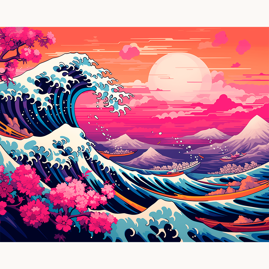 A vibrant and colorful artwork depicts a serene landscape at sunset.