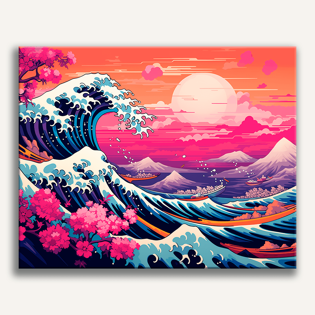 A vibrant and colorful artwork depicts a serene landscape at sunset.