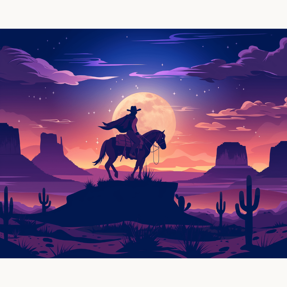 An illustration depicts a lone cowboy astride his horse at sunset within the vast expanse of the American Southwest, characterized by arid landscapes and iconic rock formations under a vibrant sky with a full moon, set against a clear horizon..