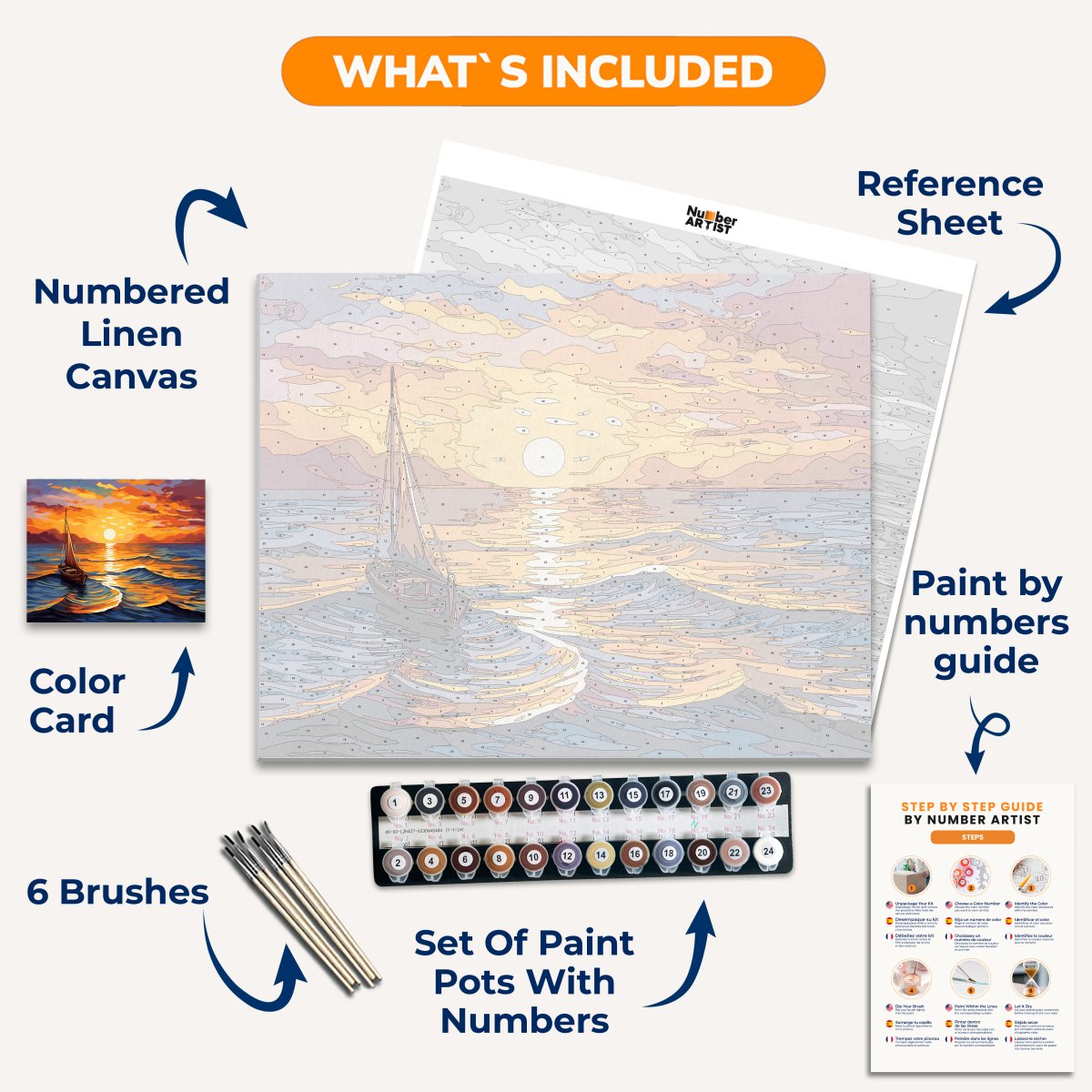The image depicts a serene sunset scene over a body of water.