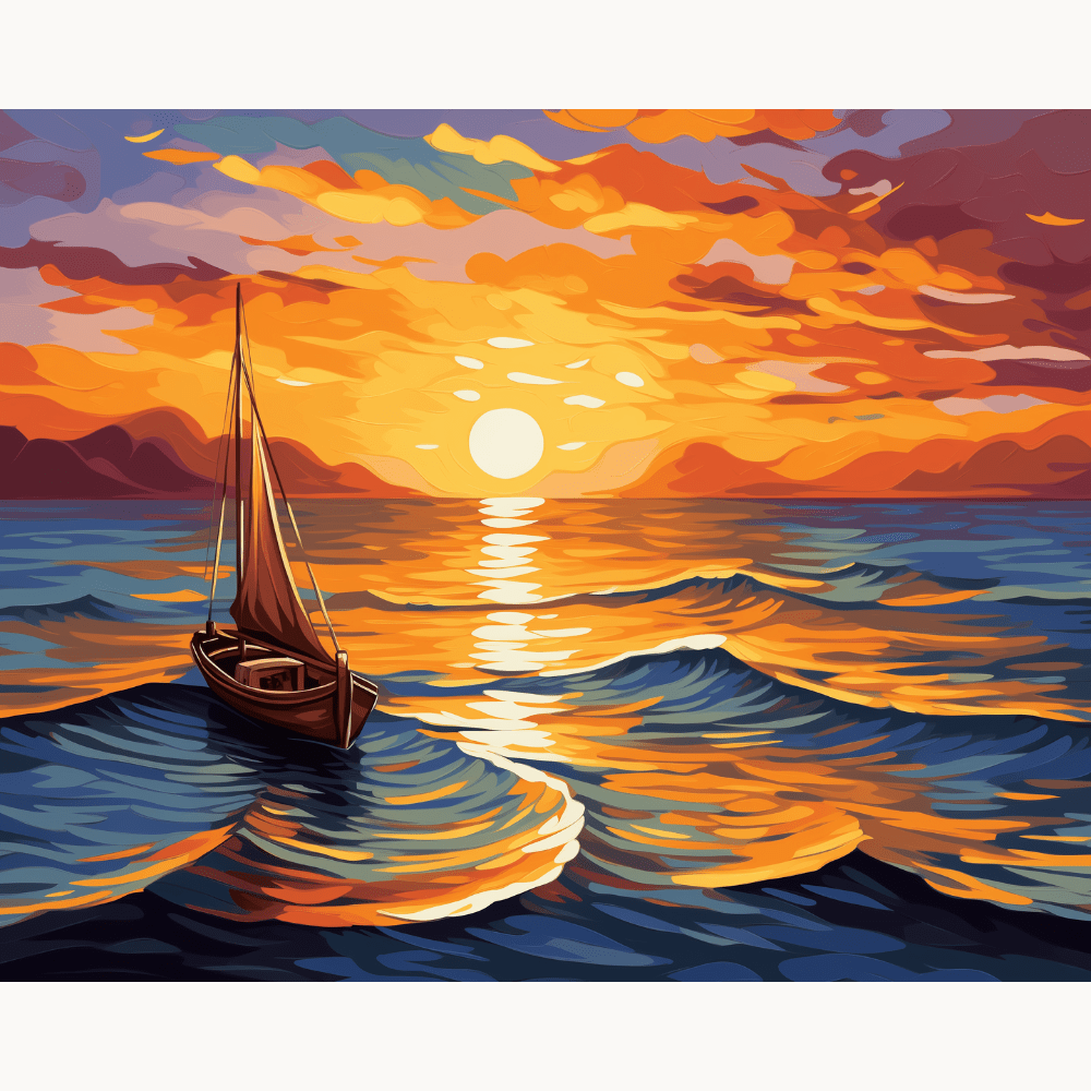 The image depicts a serene sunset scene over a body of water.