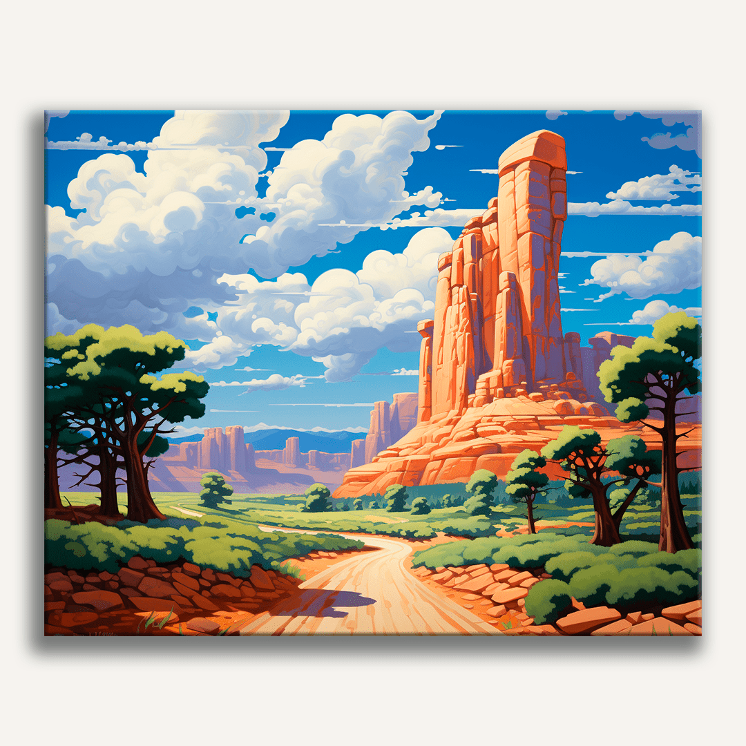 A large, vibrant illustration captures a classic American Southwest scene.