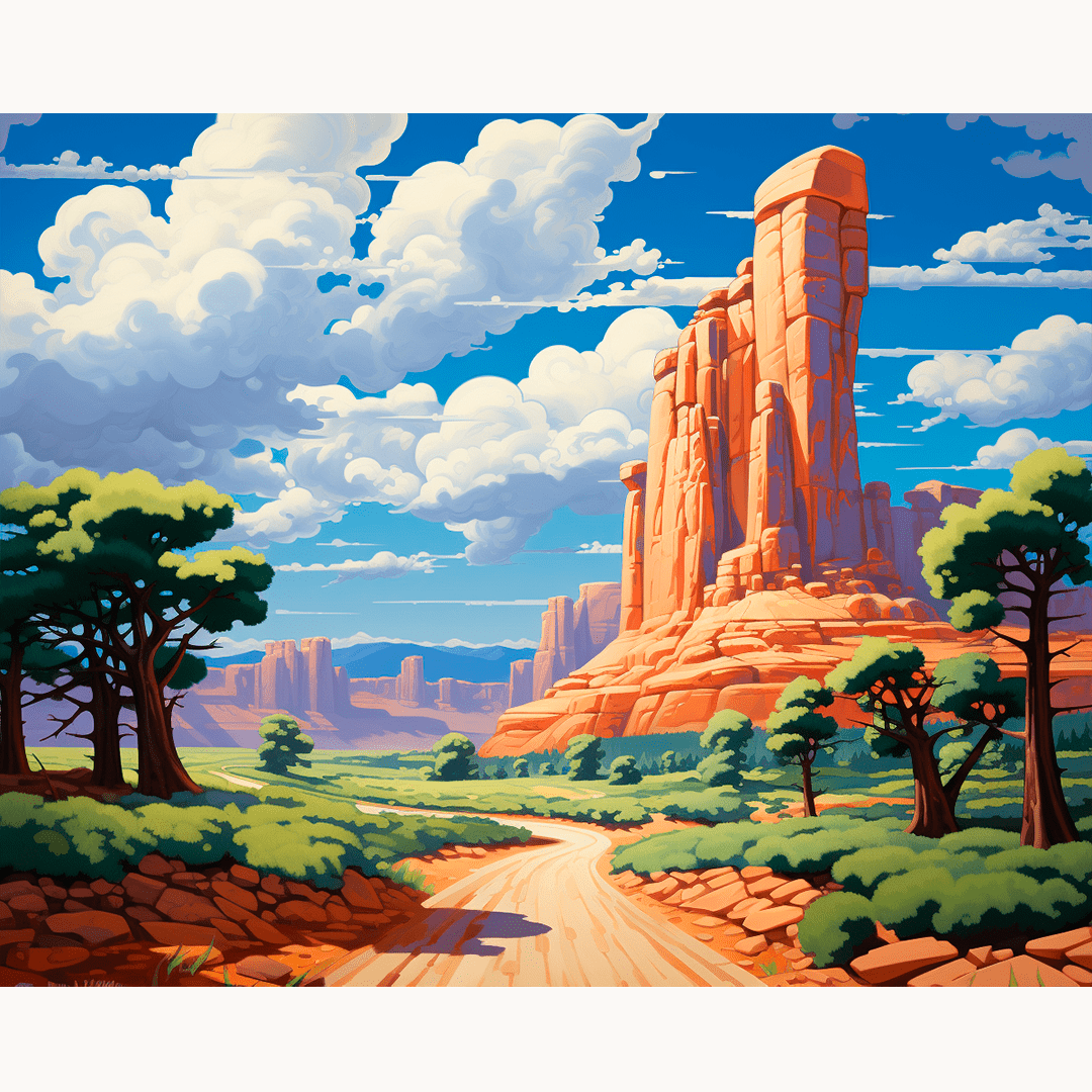 A large, vibrant illustration captures a classic American Southwest scene.