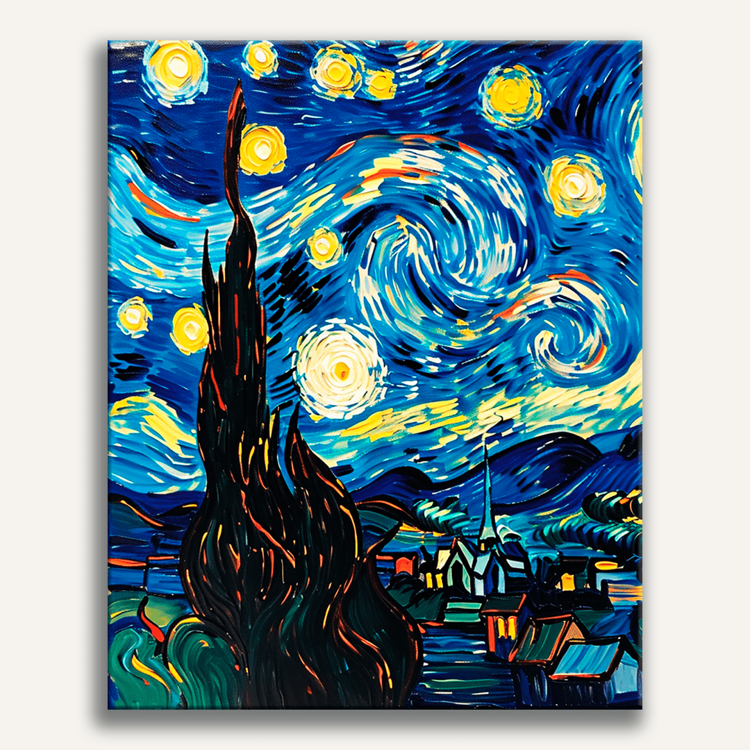 The image displays a vibrant and detailed oil painting featuring an impressionistic night sky filled with swirling clouds and bright stars.