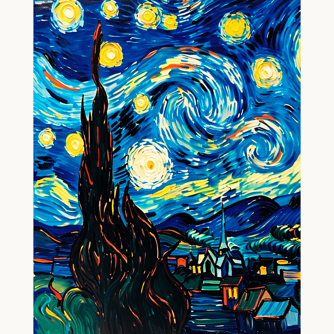 The image displays a vibrant and detailed oil painting featuring an impressionistic night sky filled with swirling clouds and bright stars.