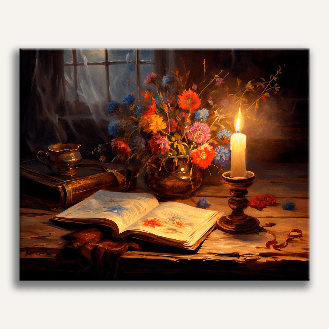 A beautifully arranged bouquet of colorful flowers sits prominently on a worn wooden table, under a soft candlelight that casts a warm glow around it.