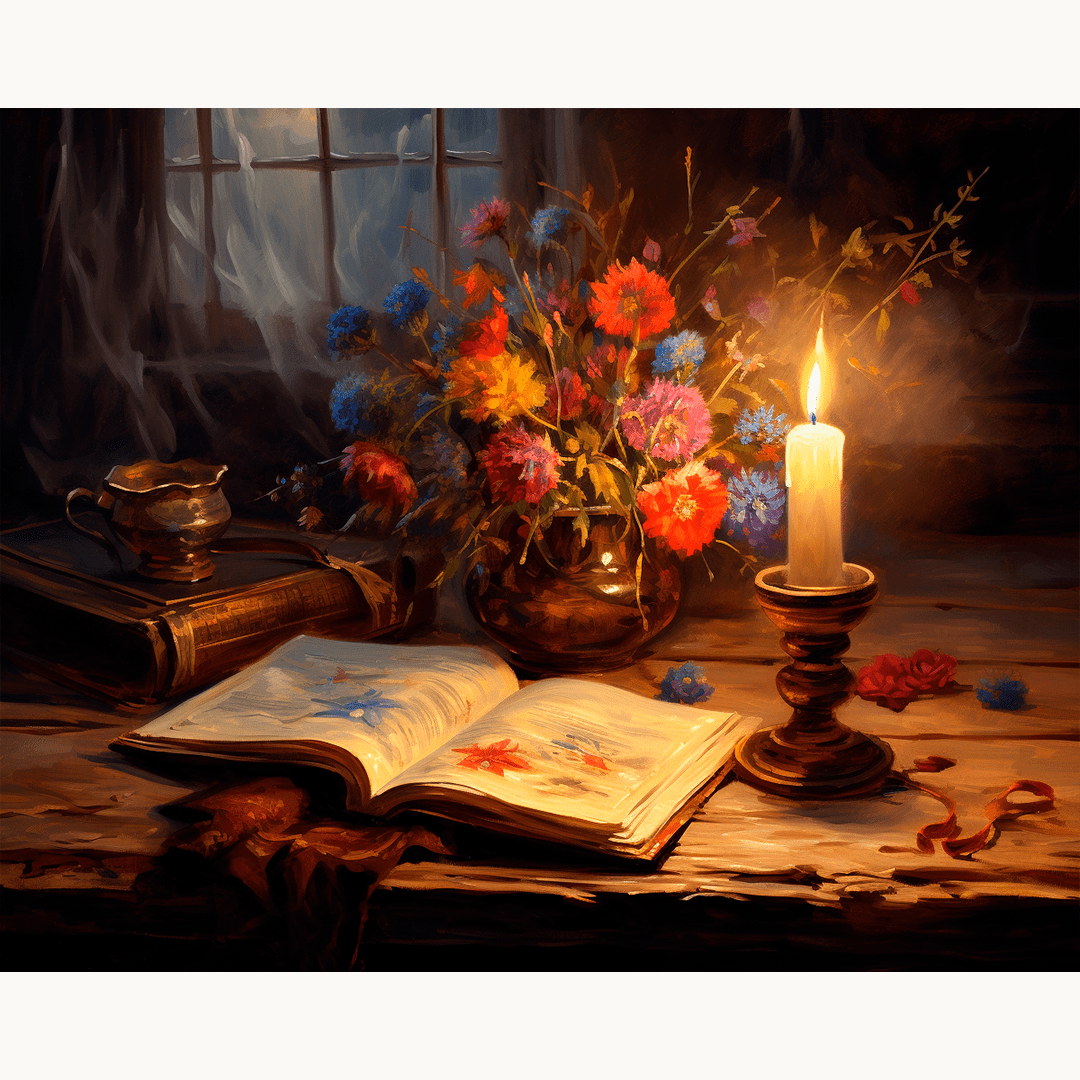 A beautifully arranged bouquet of colorful flowers sits prominently on a worn wooden table, under a soft candlelight that casts a warm glow around it.