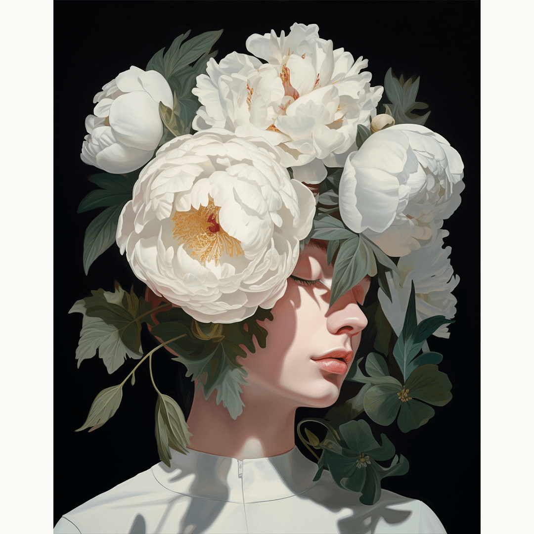 A stylized portrait features a person's face with floral headwear and leaves.