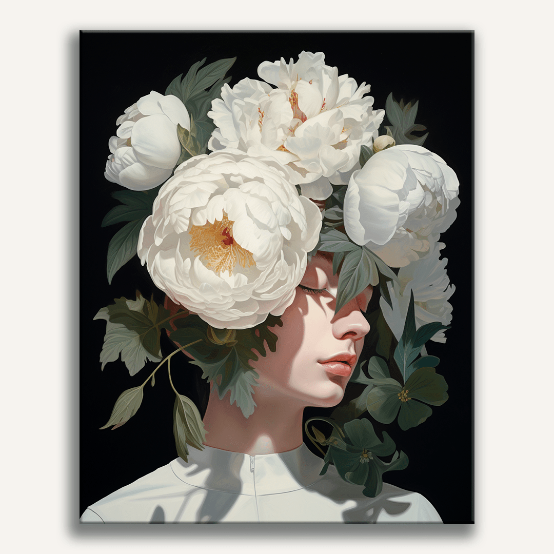 A stylized portrait features a person's face with floral headwear and leaves.