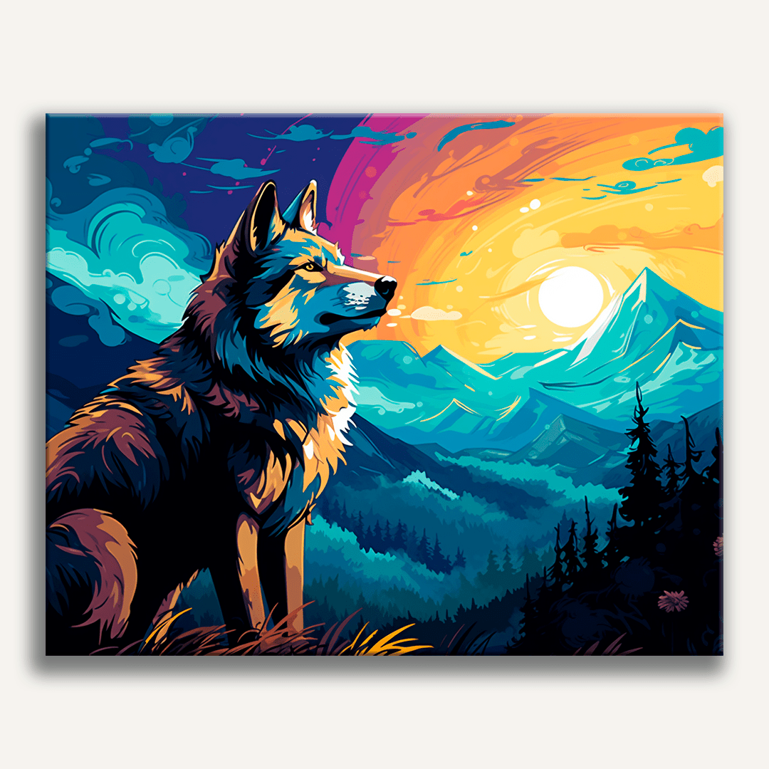 A digital artwork depicts a stylized wolf sitting under a vast sky with a mountainous landscape in the background..