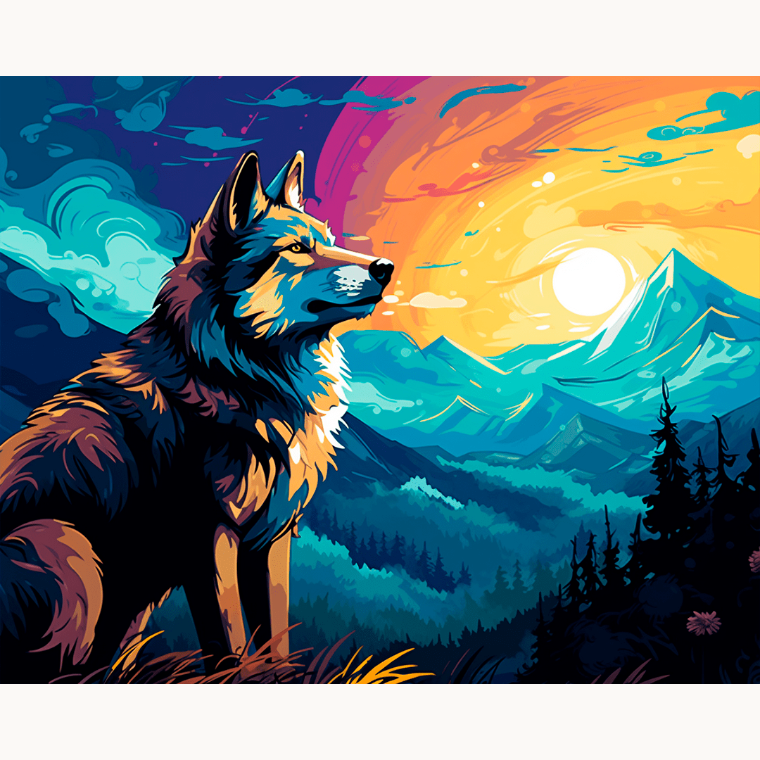 A digital artwork depicts a stylized wolf sitting under a vast sky with a mountainous landscape in the background..