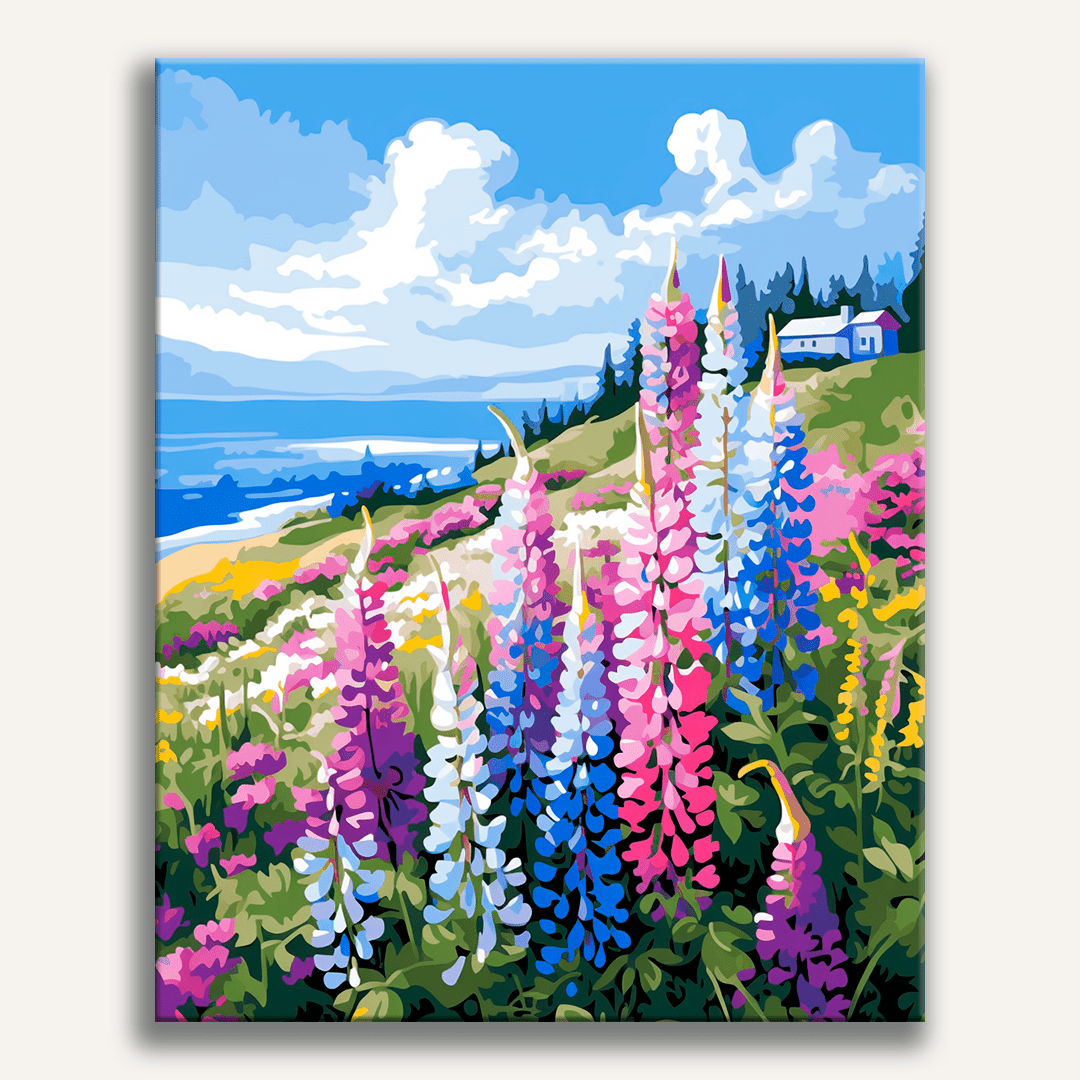 The image showcases a vibrant meadow filled with purple flowers and towering green spikes, set against a picturesque backdrop of a clear blue sky and a serene ocean view..