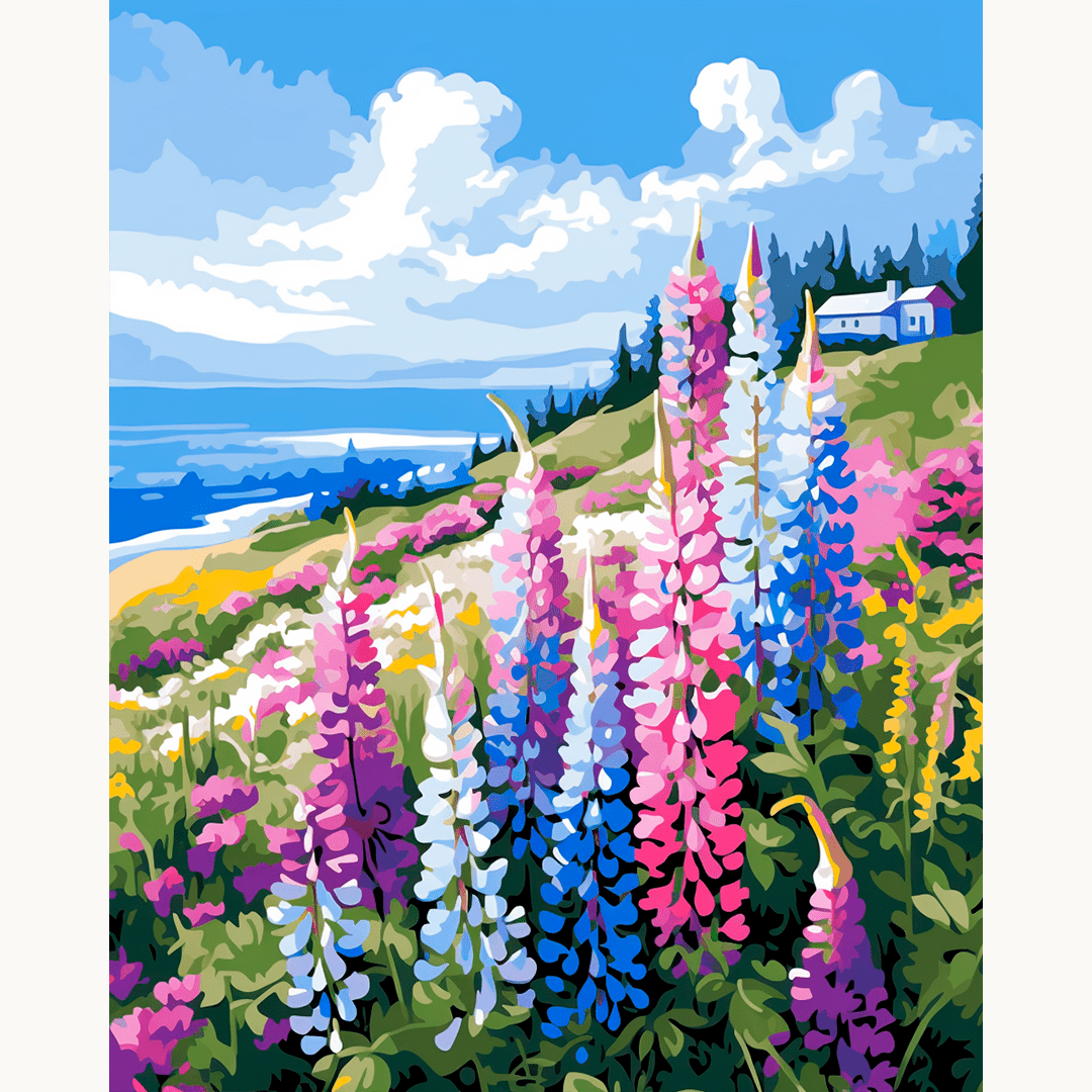 The image showcases a vibrant meadow filled with purple flowers and towering green spikes, set against a picturesque backdrop of a clear blue sky and a serene ocean view..