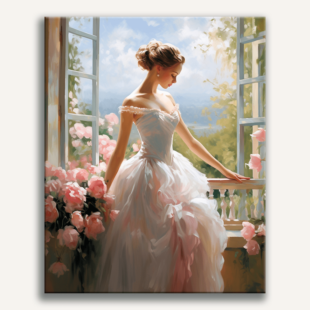 This image features a portrait-style painting of a young woman standing at an open window, dressed in a pink and white bridal gown.