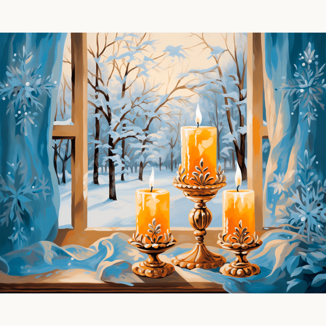 The image presents a serene winter scene framed by a window.