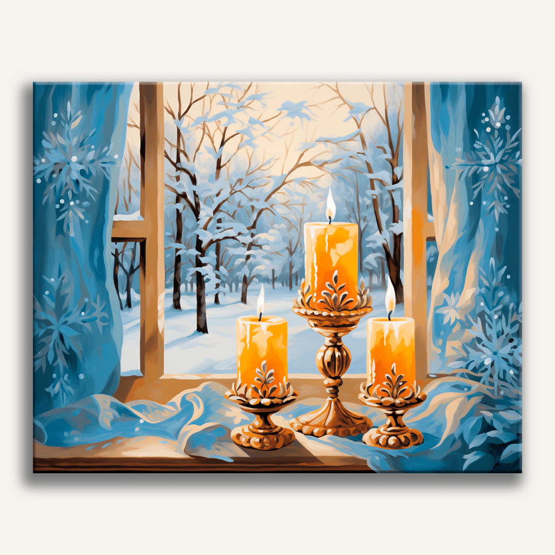 The image presents a serene winter scene framed by a window.