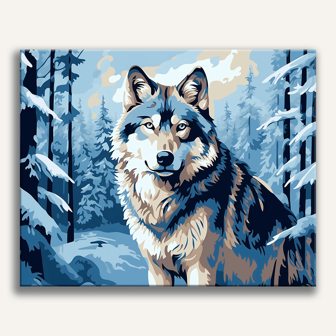 A digital artwork depicts a lone wolf standing on a snow-covered ground amidst tall evergreen trees in a forest setting..