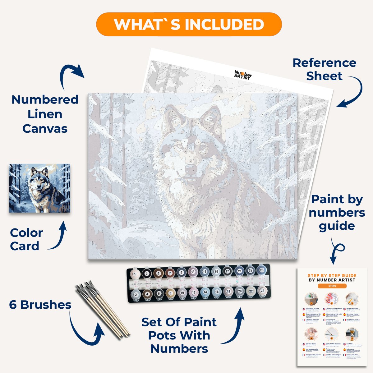 A digital artwork depicts a lone wolf standing on a snow-covered ground amidst tall evergreen trees in a forest setting..