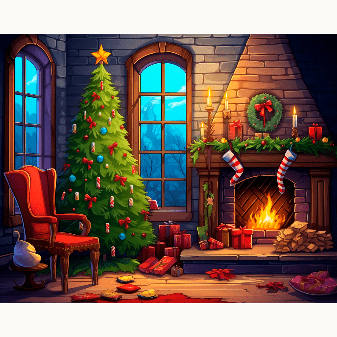A festive room during Christmas, featuring a fireplace with stockings hanging above it and a candlelit tree adorned with colorful ornaments.