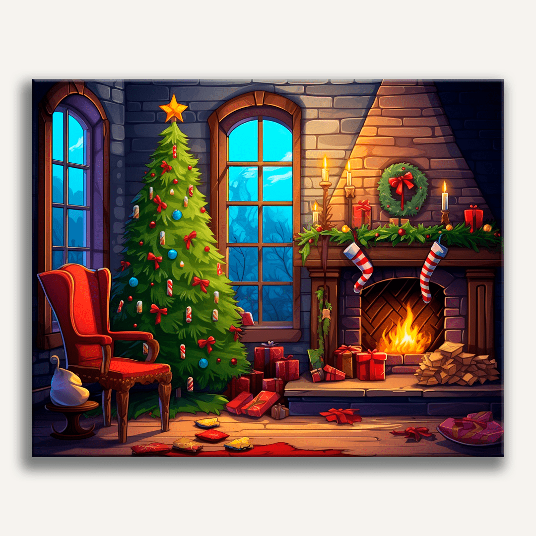 A festive room during Christmas, featuring a fireplace with stockings hanging above it and a candlelit tree adorned with colorful ornaments.