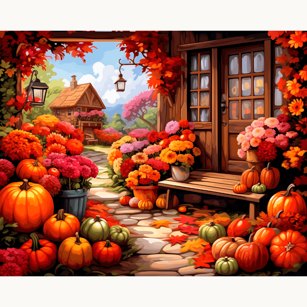 A vibrant autumn scene featuring a doorway with a wooden sign and flowers above, leading to a warmly lit interior.