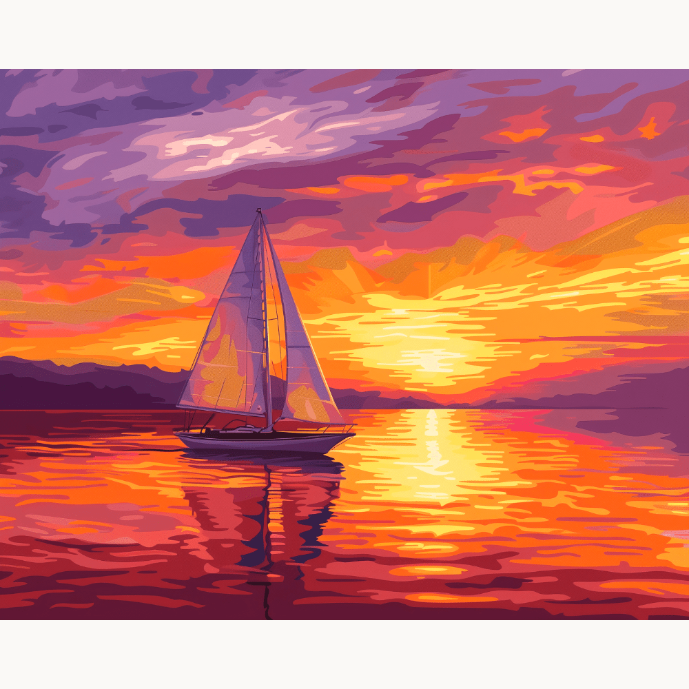 This is a painting depicting a serene scene at sunset.