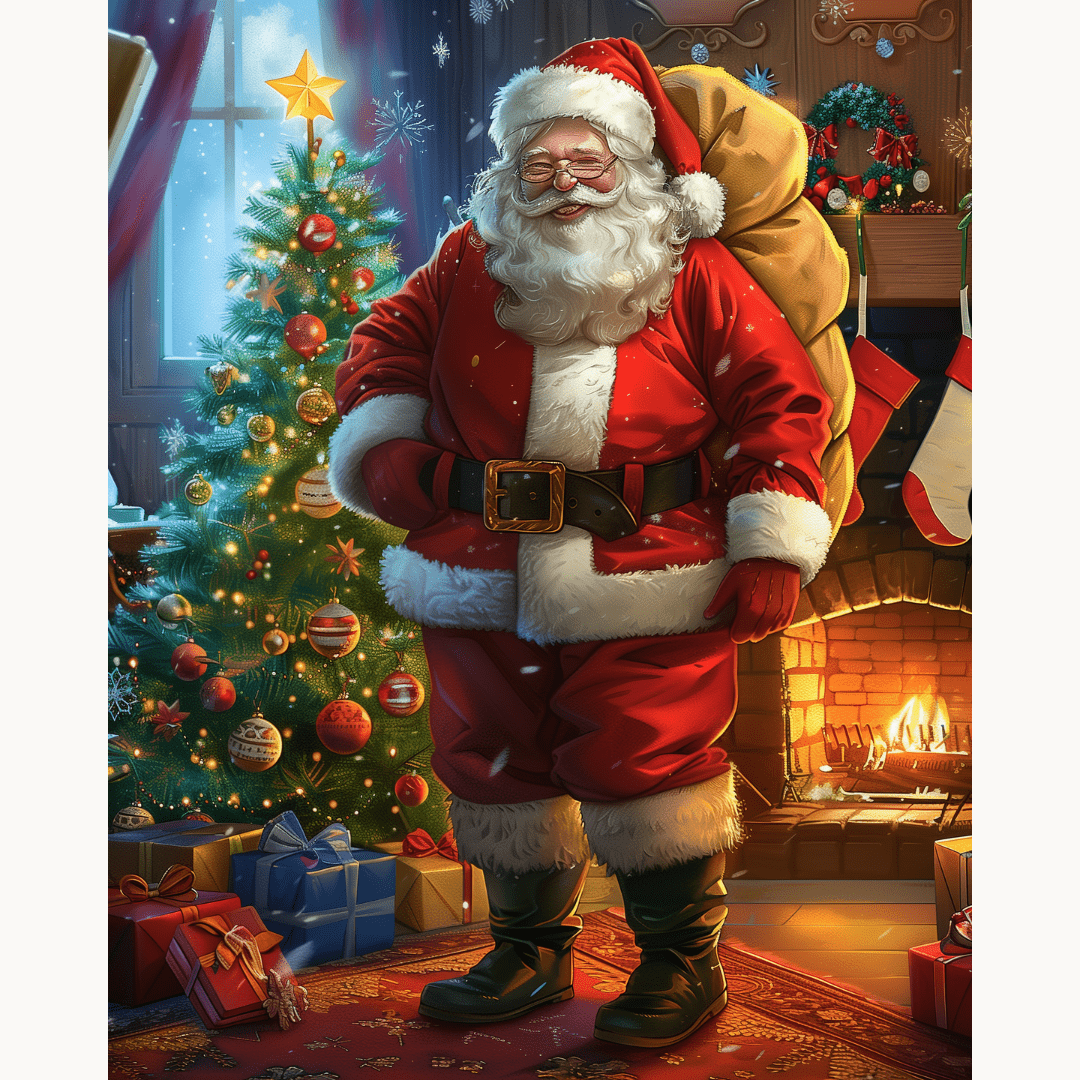 This image features a jovial Santa Claus standing indoors by a Christmas tree adorned with ornaments and lights.