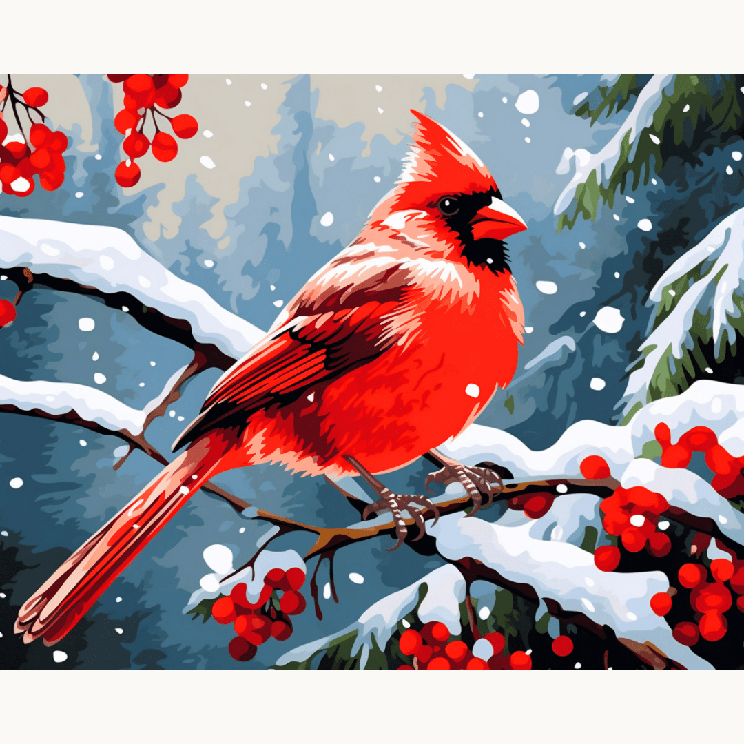 The image features a vibrant cardinal perched on a branch laden with red berries.