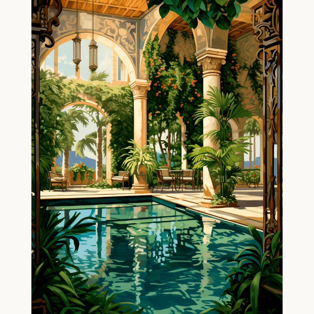 The image displays a tranquil outdoor setting, likely part of an upscale resort or vacation villa.