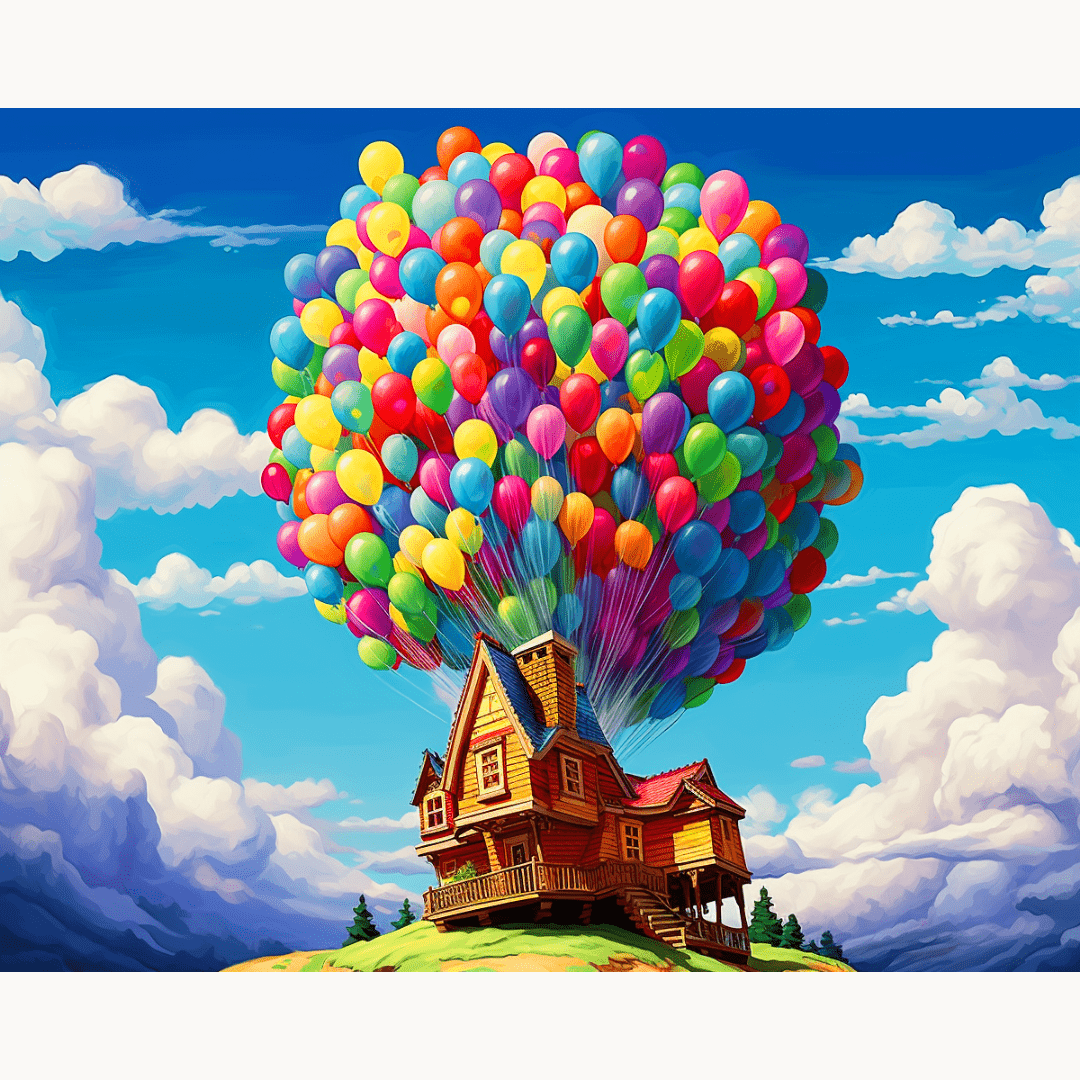 In the image, a vibrant hot air balloon is soaring above a picturesque countryside.