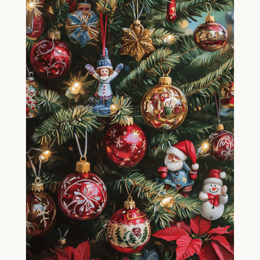 A beautifully decorated Christmas tree with a variety of ornaments, including red and white baubles, gold and silver tinsel, miniature Santas, angels, and other festive decorations.