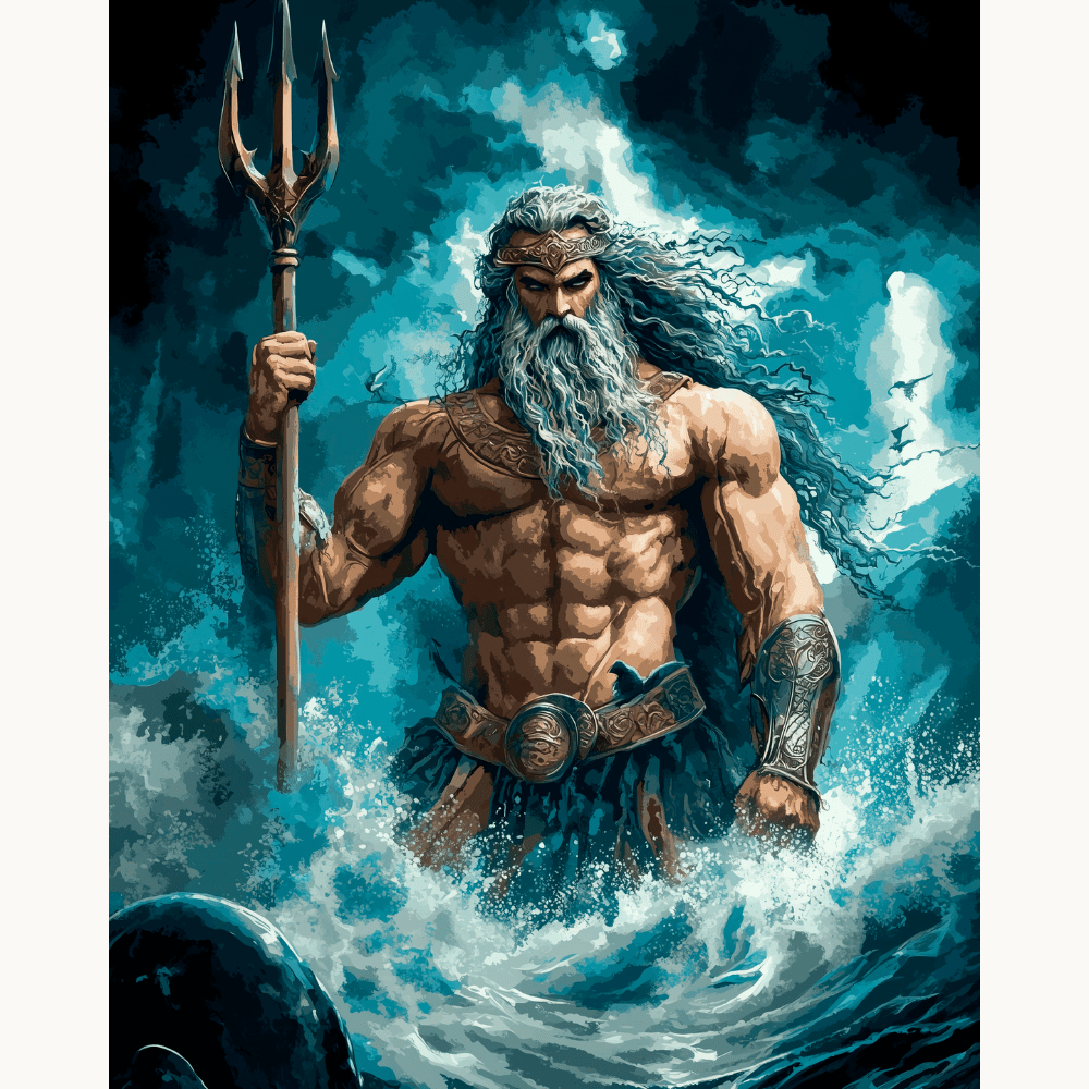 The image portrays a muscular man with long hair and a beard, standing amidst rough seas that evoke a stormy atmosphere.