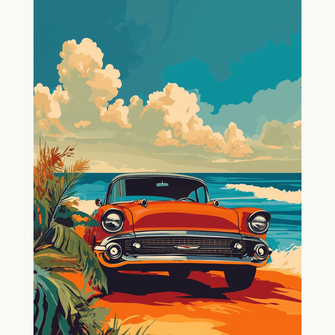 This image depicts a vintage car parked on a beach.