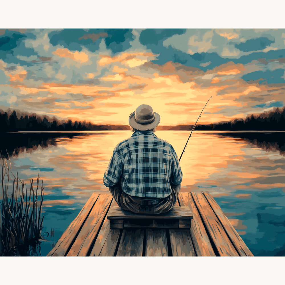 A man in a plaid shirt sits on a wooden dock at dusk, gazing out across a calm lake under a dramatic sky.