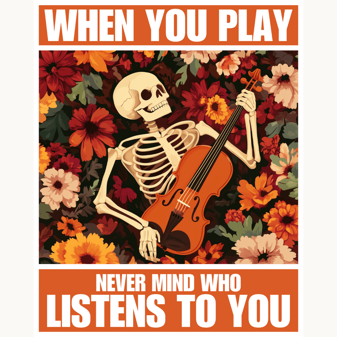 A digital illustration features a skeleton holding a violin and playing it.