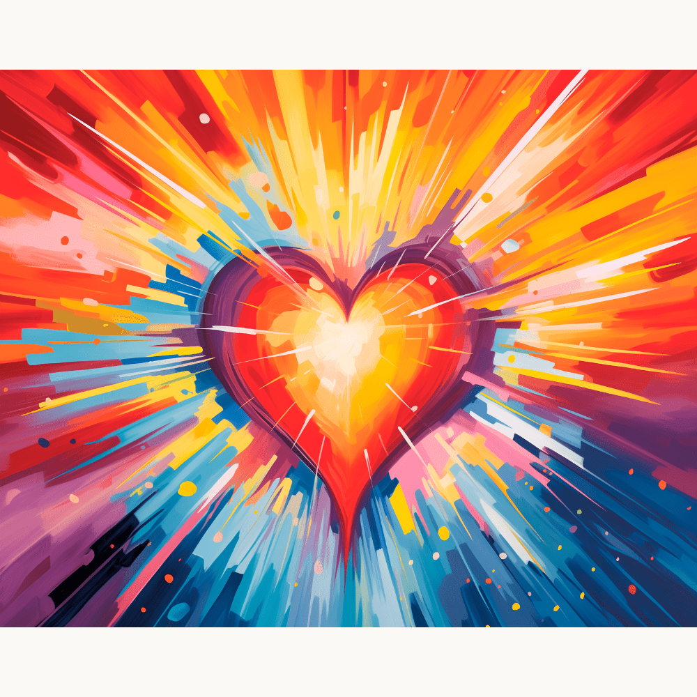 A vibrant abstract painting featuring a large, colorful heart at its center, radiating with warm hues against an equally vivid backdrop that suggests movement and energy..