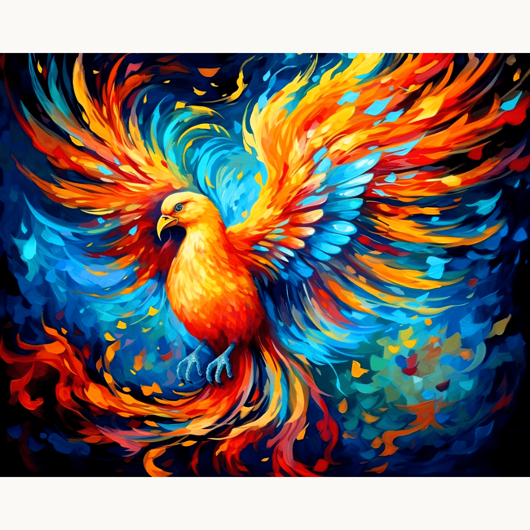 An artistic representation of a phoenix-like bird soaring through a vibrant, abstract background filled with fiery colors and intricate patterns..