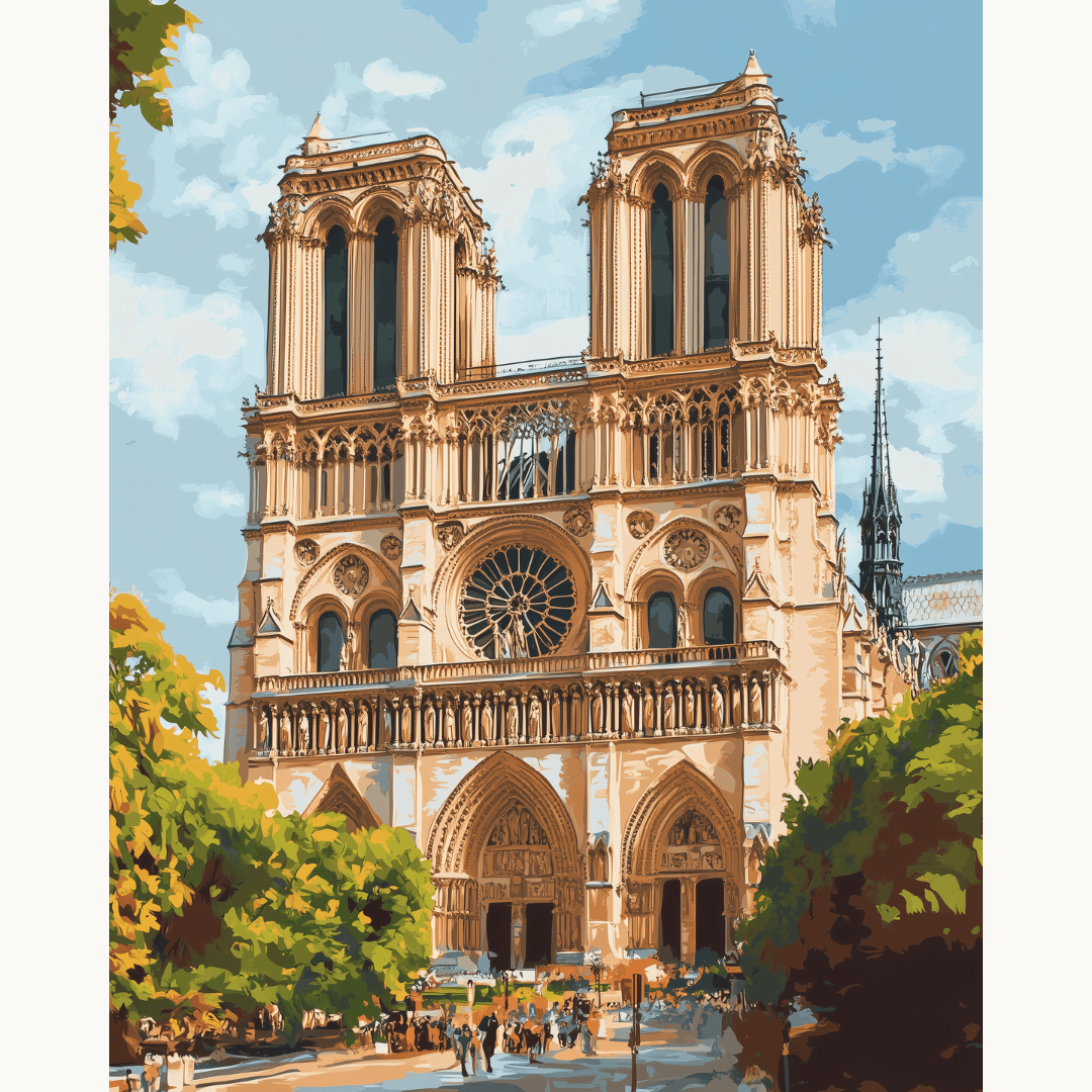 The image depicts a famous neo-Gothic cathedral known as Notre Dame located in Paris, France.