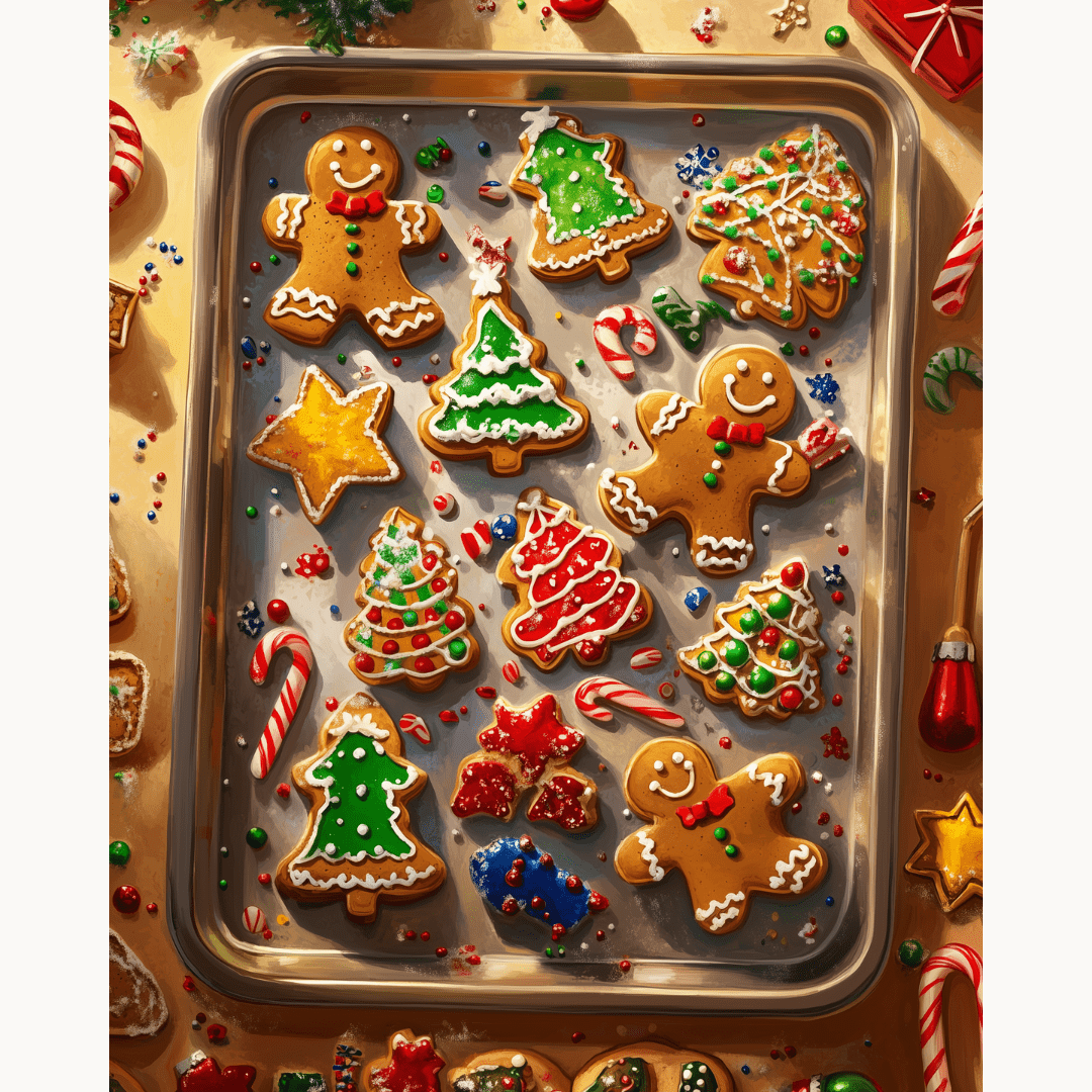 A silver baking sheet with a dozen festive gingerbread cookies on it.