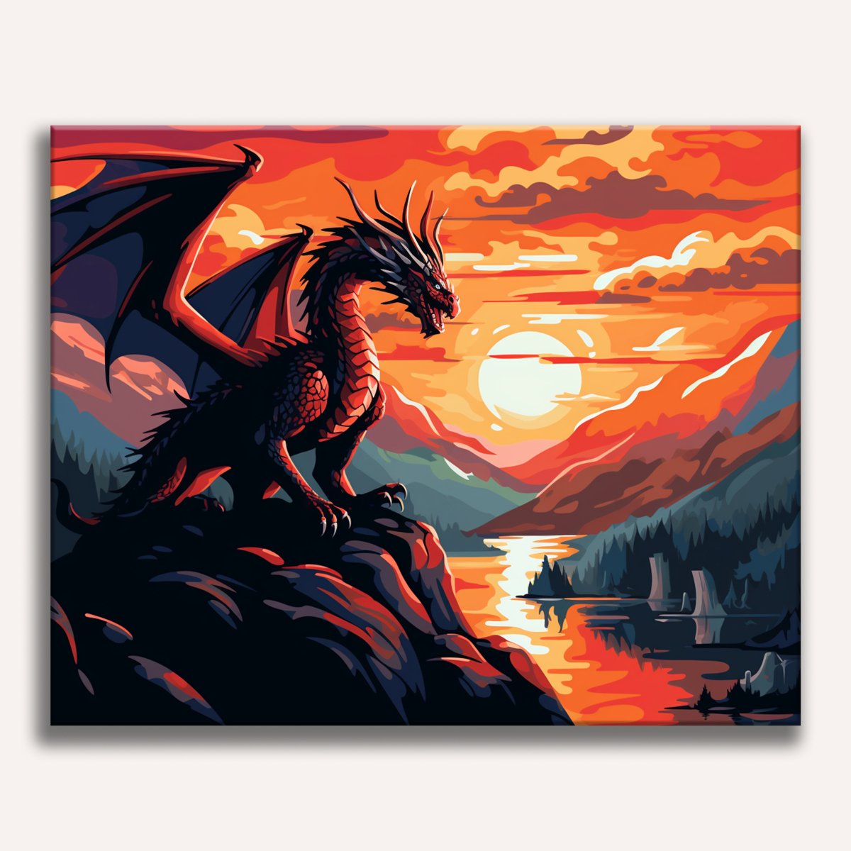 In the image, a majestic dragon stands on a cliff overlooking a serene lake under a vibrant sunset.