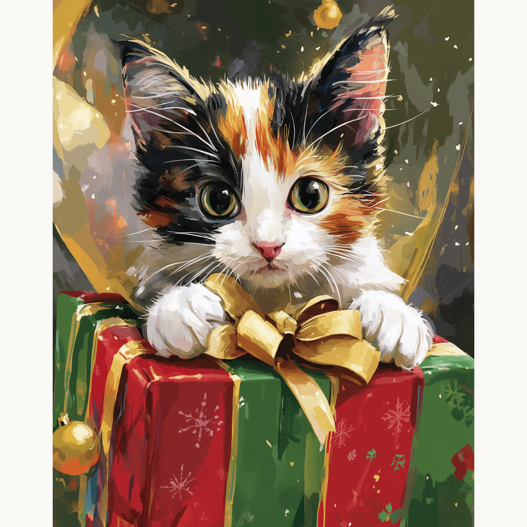 A digital illustration features a cat sitting atop a gift-wrapped Christmas tree, which is inside a Christmas stocking.