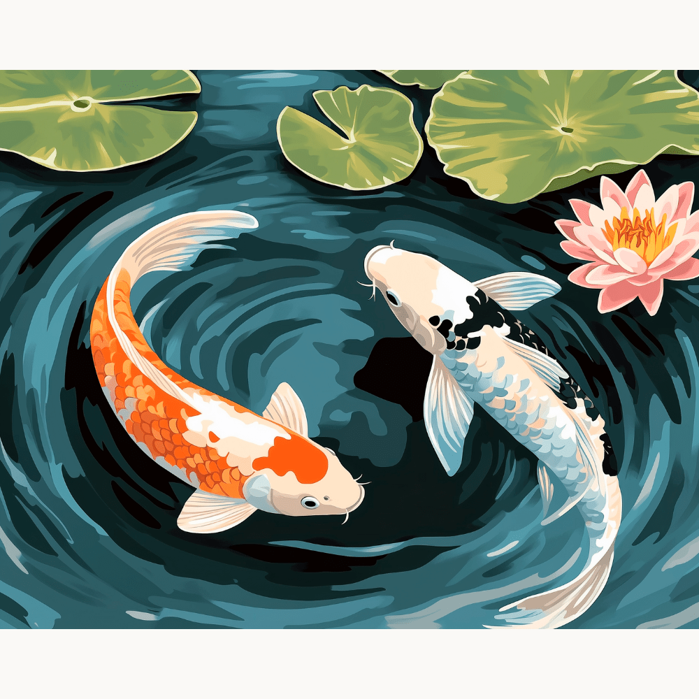 In the tranquil underwater scene, two koi fish are swimming amidst lily pads and a small aquatic plant.