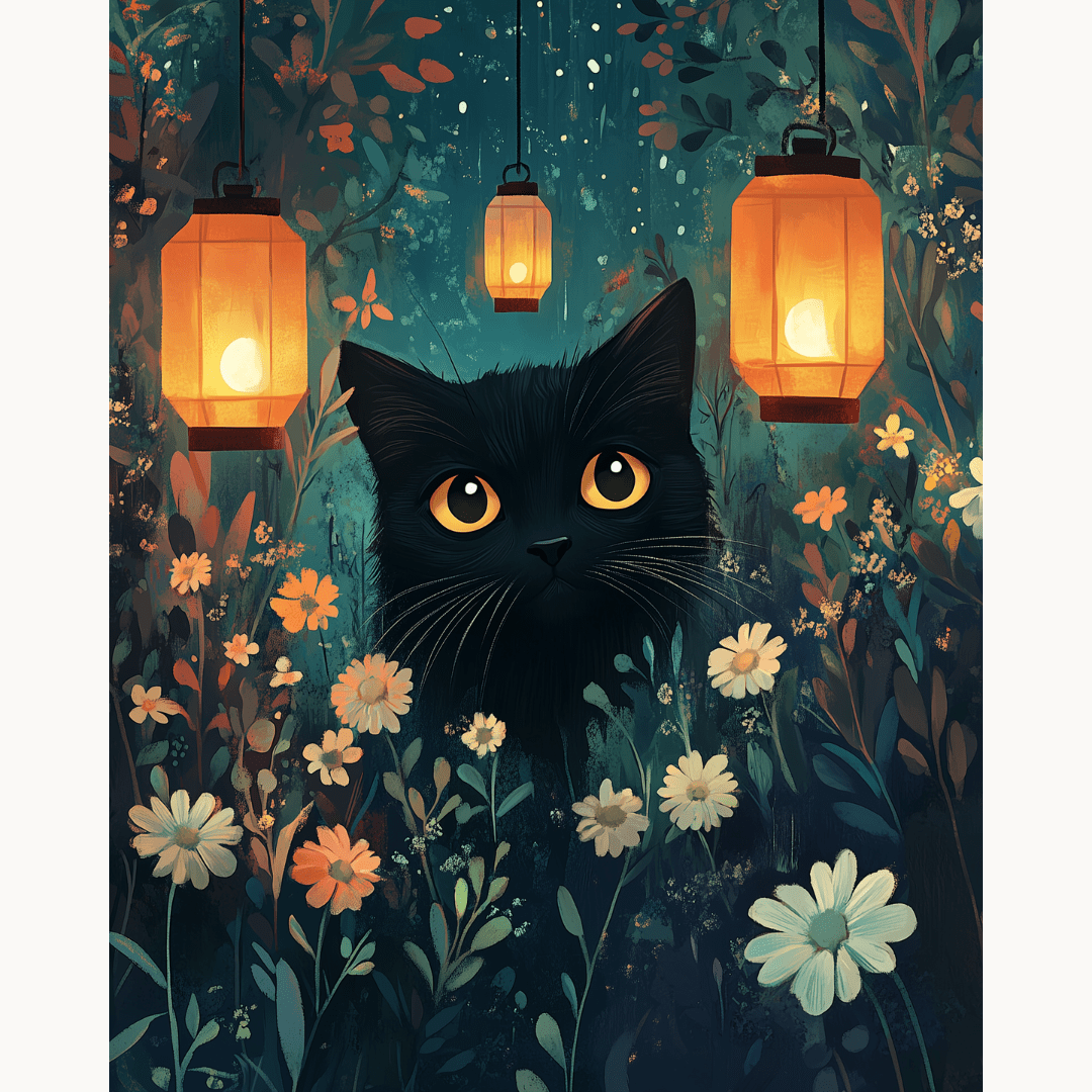 A stylized illustration depicts a cartoon black cat amidst a whimsical nighttime scene.