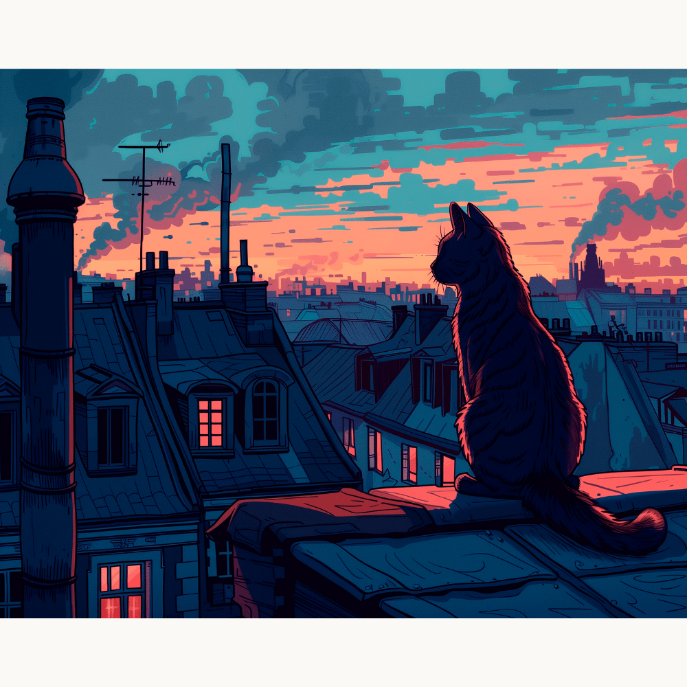 In the image, a black cat sits perched on a rooftop ledge at sunset.