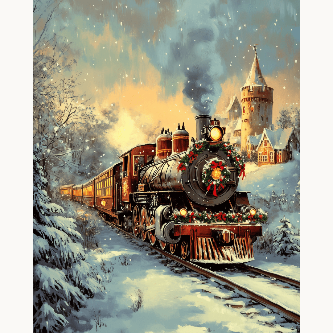 In the image, a vintage train adorned with festive Christmas decorations is captured in motion.