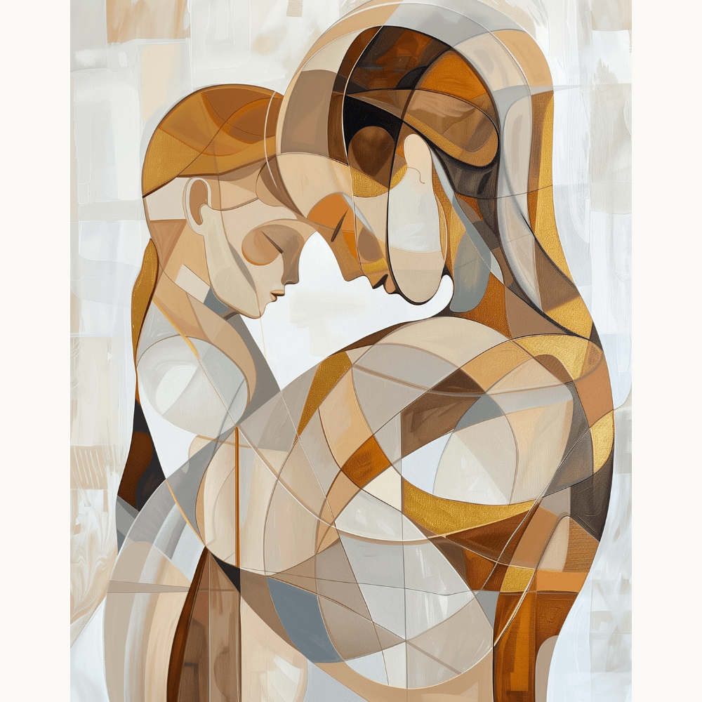 The image presents a captivating piece of abstract art, where two figures appear to be in close proximity.