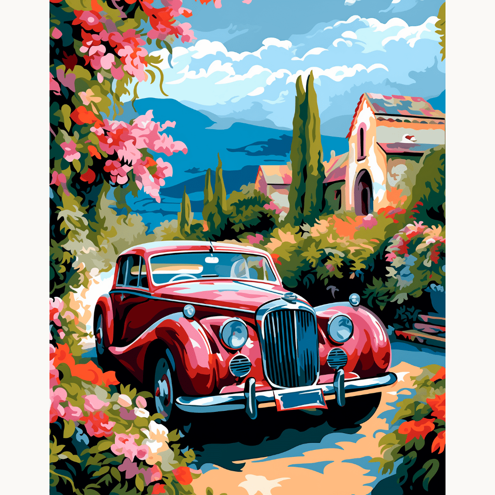 A vibrant oil painting of a red classic car parked on a curved road, set amidst lush green hills and towering trees.