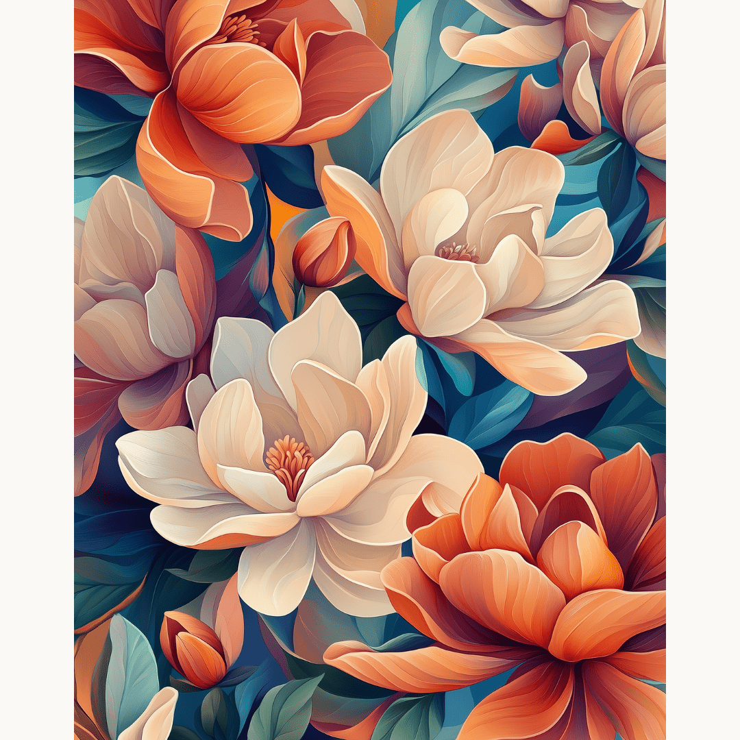 The image features a vibrant floral illustration.