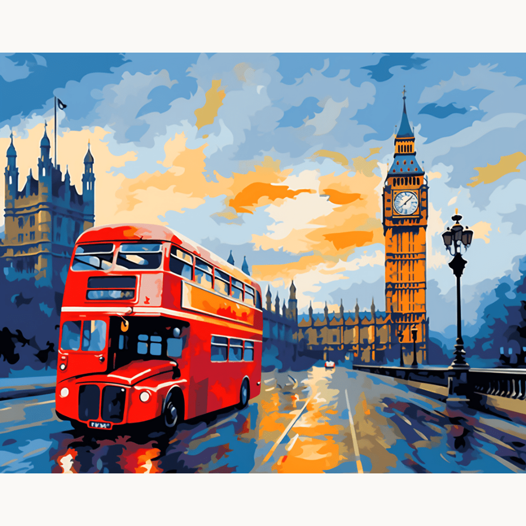 A vibrant double-decker bus travels down a rainy London street, captured on canvas.